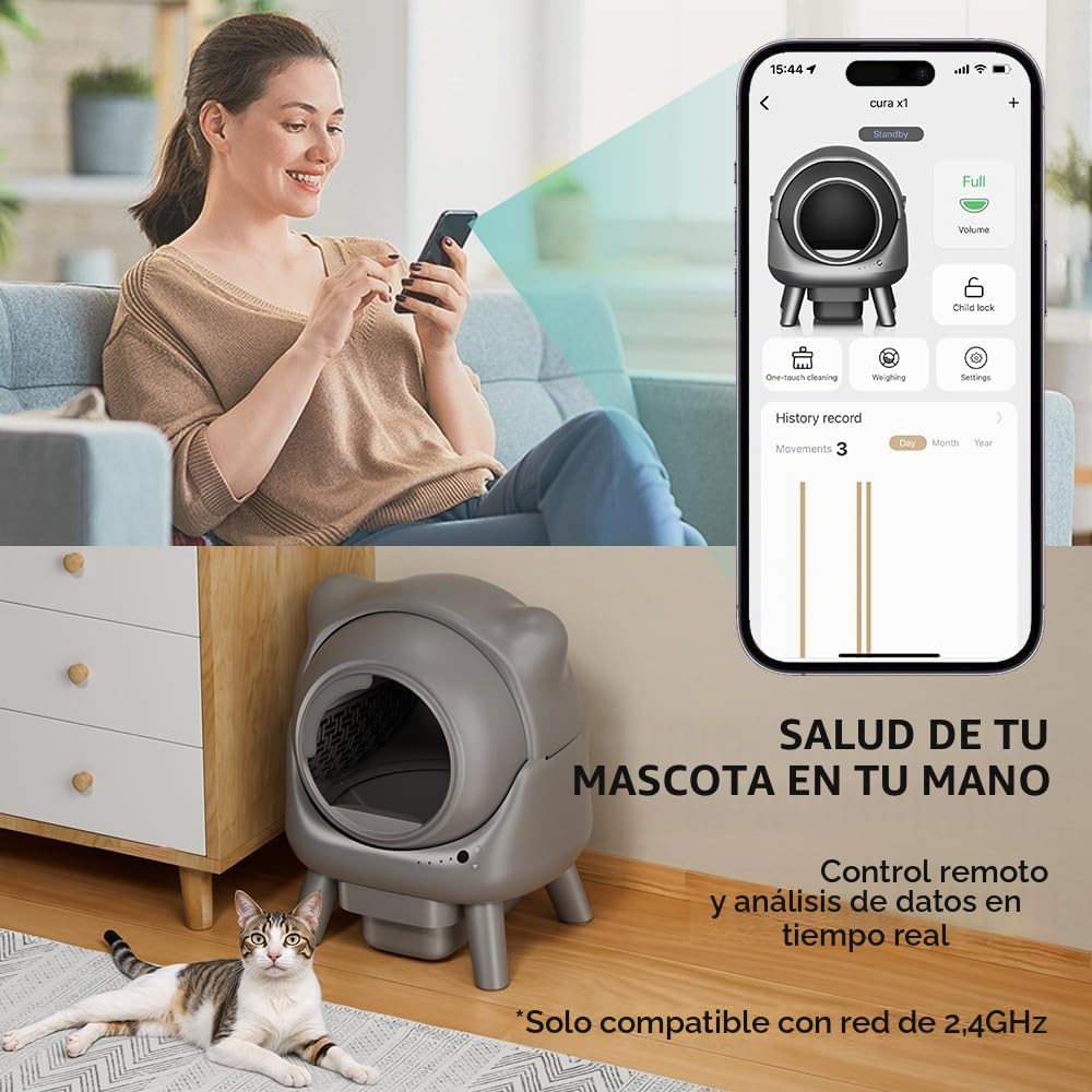 Cura X1 Arenero Gatos Autolimpiable, 80+8L Arenero Autolimpiable, Sensores de Seguridad, Eliminación de Olores, Control App, Gran Capacidad, Arenero Automático Gatos para Múltiples Mascotas