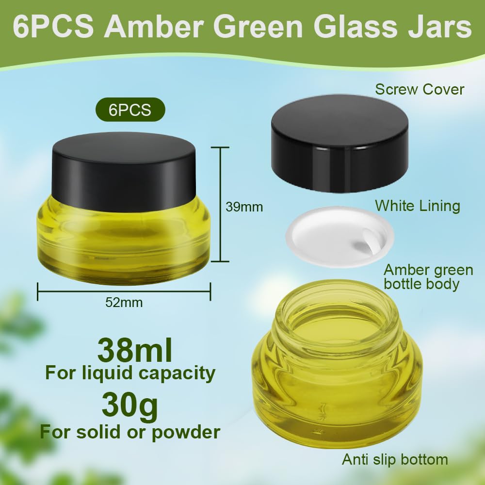 6 Pack Amber Glass Jars 30ml, Empty Cosmetic Jars with Lids, 6 Spatula & 16 Labels - Image 2