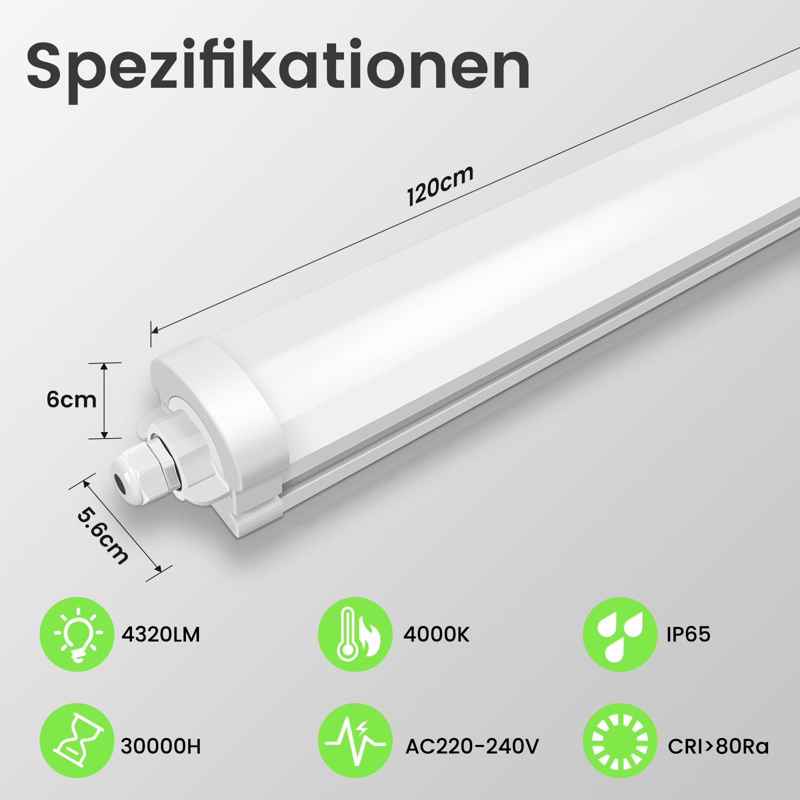 ALUSSO 2 Stück LED Feuchtraumleuchte 120CM, 36W 4320LM LED Röhre 4000K, IP65 Wasserfest Feuchtraumlampe Werkstatt Deckenleuchte für Garage,Keller,Werkstatt,Feuchtraum,Bad,Büro,Warenhaus