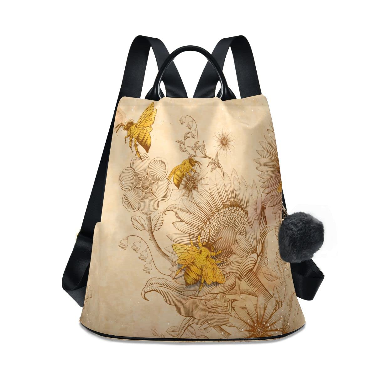 ZOEO Anti Theft Backpack Retro Honey Bees Sunflowers Women Large Fashion Travel Shoulder Bag Purse Rucksack Lightweight