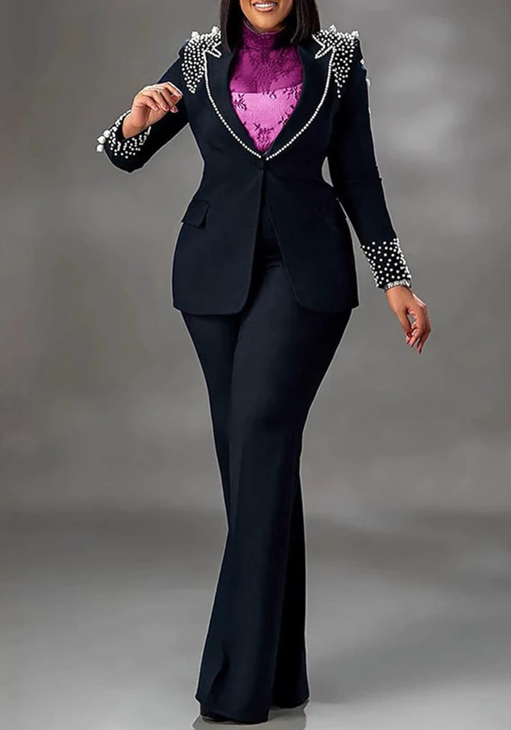 HuiSiFang Women 2 Piece Blazer Sets Elegant Pearl Dressy Pant Suits Business Casual Blazer Outfits Work Office