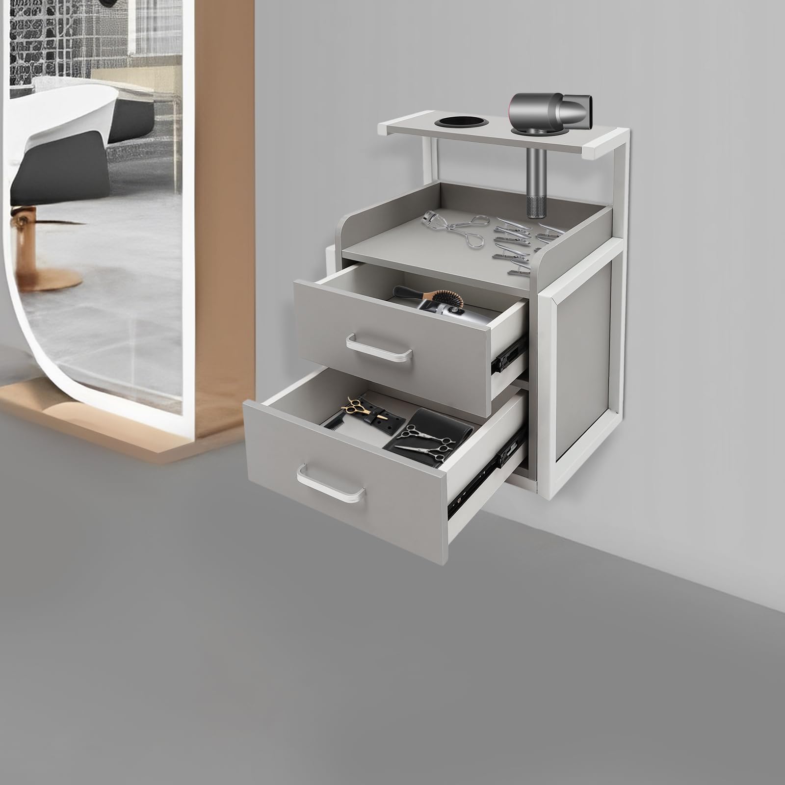 Mehrzweck Hängeschrank, Werkzeugschrank für Friseur, Salon Wandschrank mit Haartrockner-Halterung und Schubladen, Friseur Zubehör, Beauty Wandschrank, Nachttisch, 40 * 30 * 48cm (Weiß)