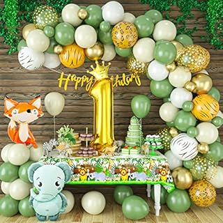 1st Birthday Decorations Set Boy, Sage Green Gold Wild One Birthday Balloon Decorations with Foil Number Balloons Banner Tablecloth, Jungle Safari Animals First Birthday Party Decorations for Kids