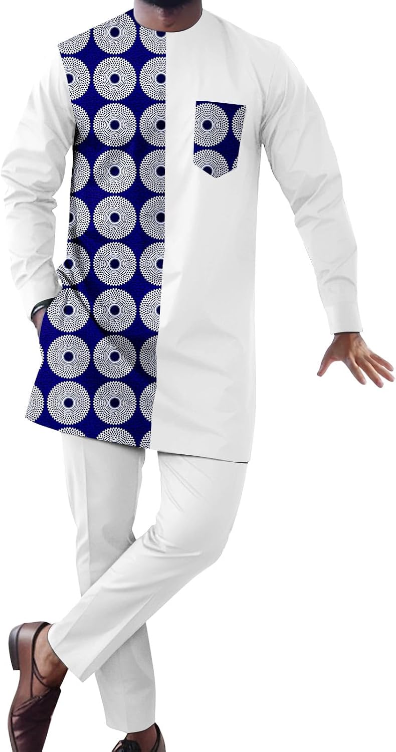 Men`s 2 Piece Set African Dashiki Print Shirts and Ankara Pants Traditional Wear Tracksuit Ttibal Outfits