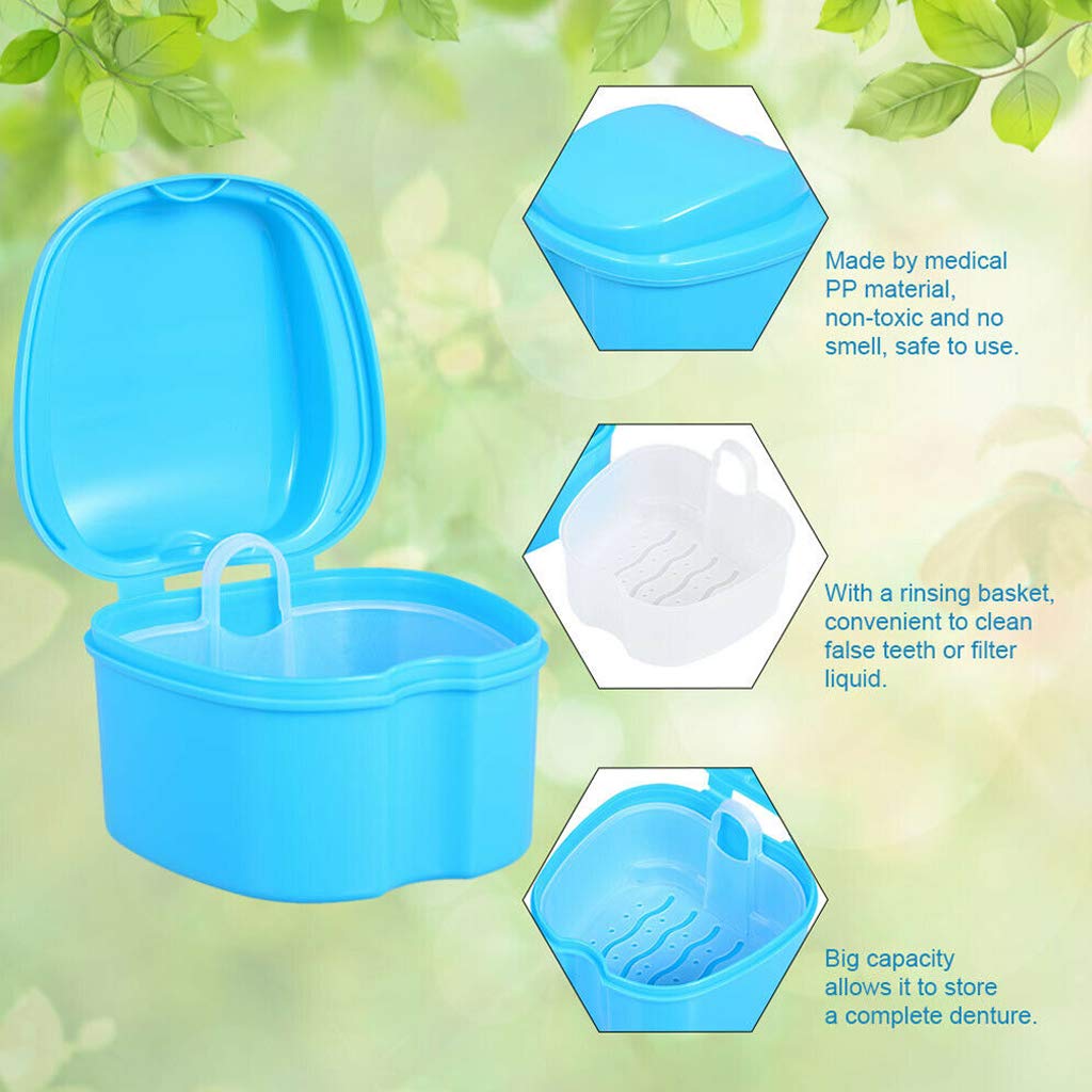 Denture Case, Denture Cup with Strainer,Denture Bath Box False Teeth Storage Case Box with Strainer for Travel Cleaning. (Light Blue) : Health & Household
