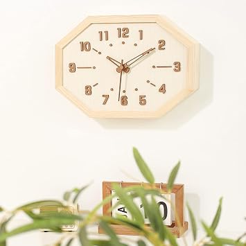 Wall Clock, Stylish, Popular, Cute, Natural Wood, Octagonal Clock, 3D Dimensions, Easy to View, Wall Mount, Table Clock, Nordic Design, Continuous Second Hand, Silent, 12 Inches, Modern Home