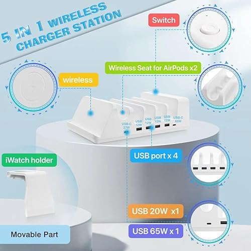 Miniatura 5 de Estación de carga de 150 Ww 2 USB-C y 4 USB de carga rápida, asientos de carga inalámbrica para un móvil y 2 AirpodsBuds, compatible con iPhones,