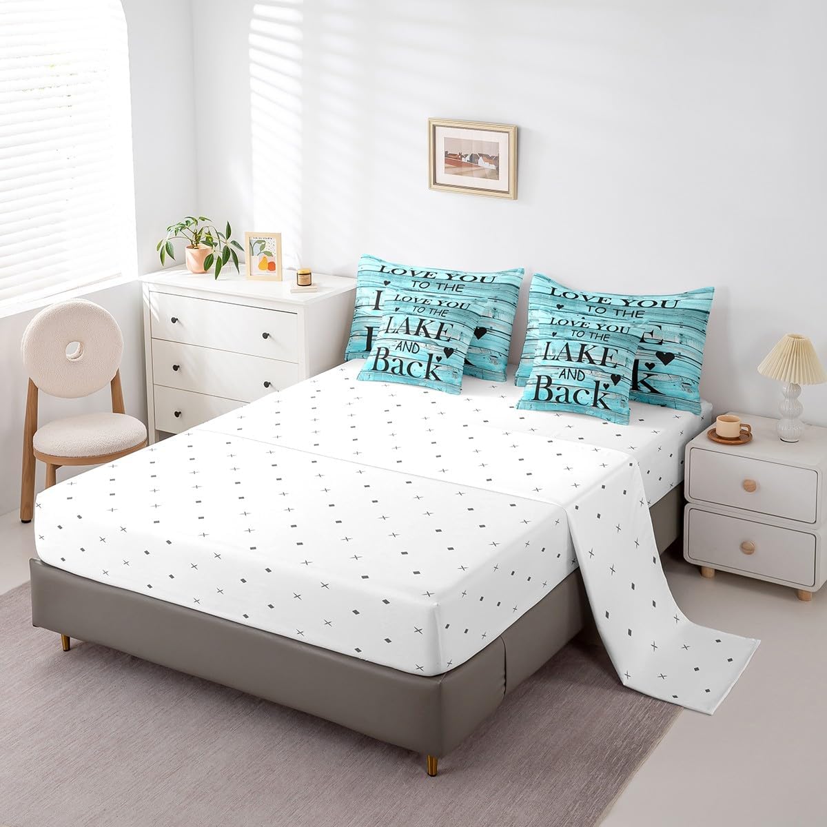 Manfei 7 Pieces King Size Lake House Theme Comforter Set,Geometric Wooden Plank Bedding Set for Boys Girls,Rustic Farmhouse Blue Retro (Comforter+Fitted+Flat Sheet+2 Pillowcases+2 Throw Pillow Covers