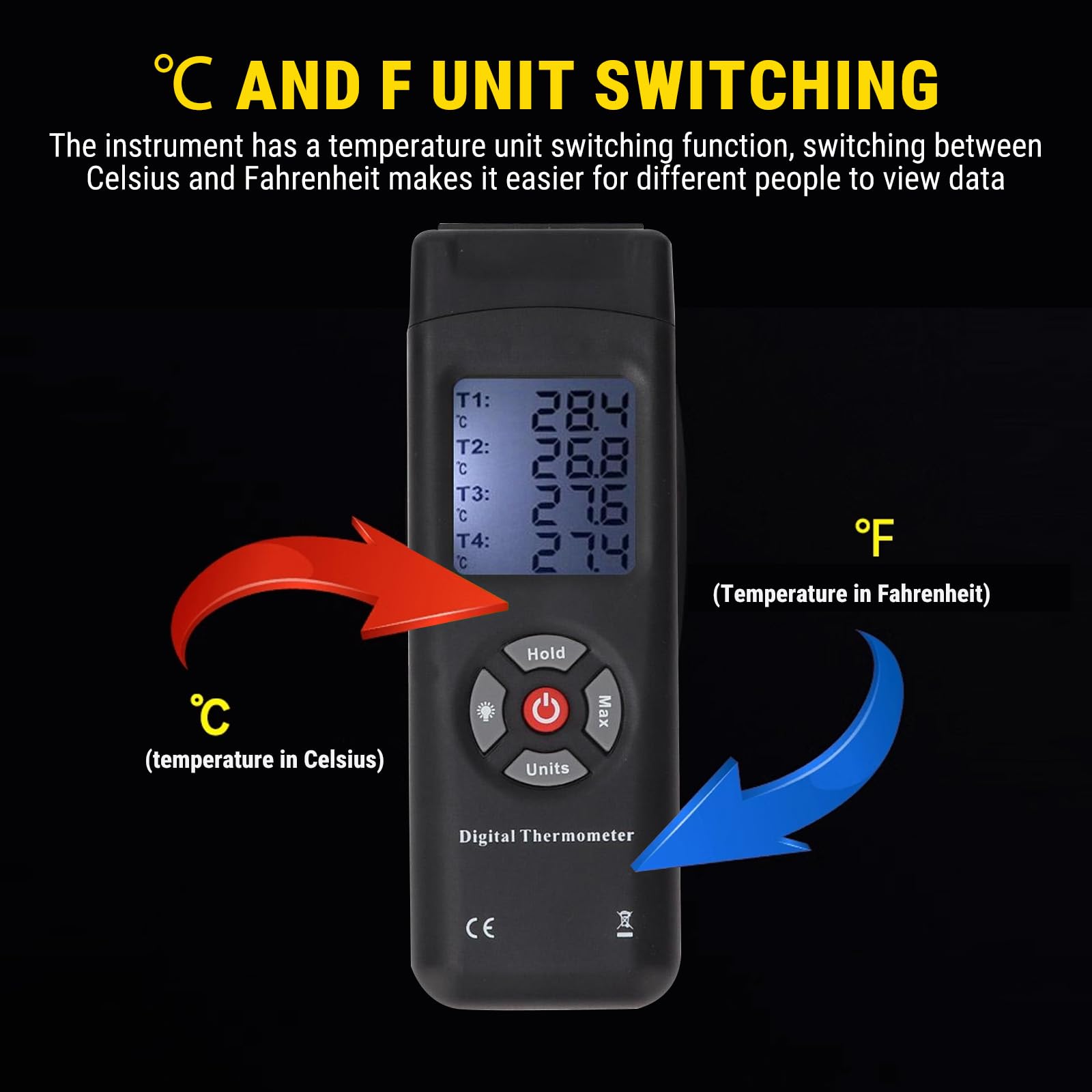 Temperaturmessgerät Typ K, Digitales Thermoelement Thermometer TL-TK04 4-Kanal-K-Typ Kontakt-Digitalanzeige Thermometer mit fühler für Industrie Landwirtschaft Meteorologie Haushalt, -50°C bis 1350°C