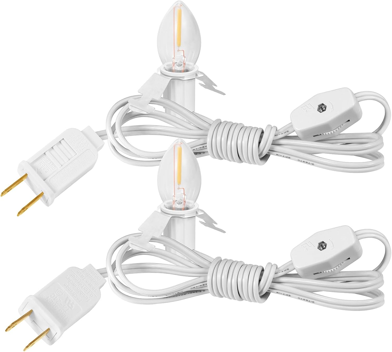 2 Pack Christmas C7 Accessory Cord with Light Bulb, E12 Light Socket Cord with On/Off Switch Plug, C7 Candelabra Light Bulbs for Christmas Village House, Pumpkin Lights, Holiday Decorations
