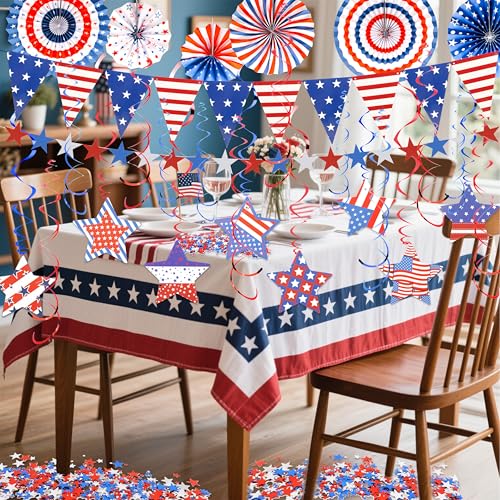 Image of 4th of July Decorations Set Red White and Blue Decorations Including Paper Fans, Star Streamer, Pom Poms Party Hanging Swirls for Memorial Day, Independence Day, Labor Day