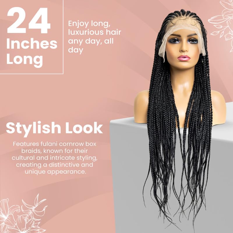 Miniatura 2 de Passion is Beauty - Peluca de encaje completo sin nudos Fulani Box trenzado con pelo de bebé, pelucas de encaje sintético (24 pulgadas, 1B negro