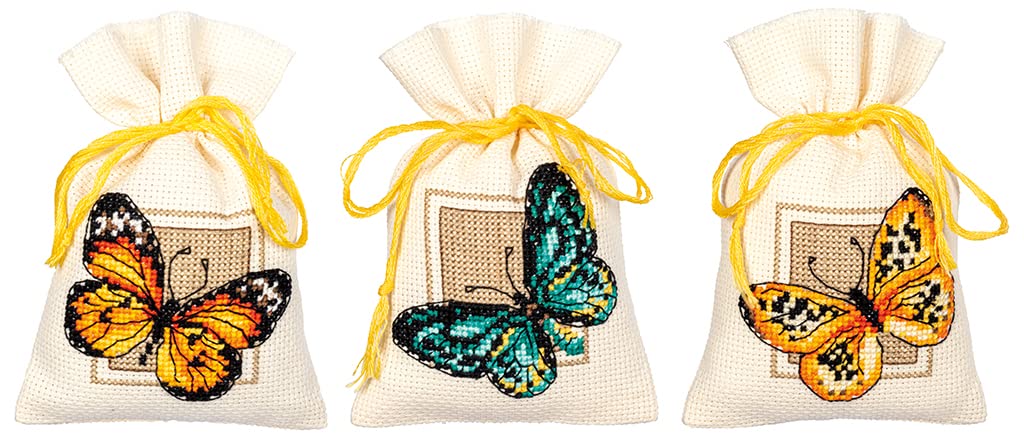 Vevaco Kits De Punto De Cruz Contado Bolsas Aromáticas DIY Creativo Set Mariposas Juego DE 3 Manualidades Bordar Kit Principiantes Decoration Hogar Regalo ca. 8 x 12 cm Cross Stitch Embroidery
