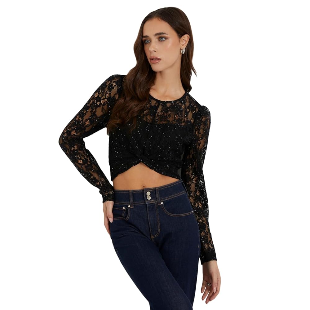 Amazon.com: GUESS Women's Long Sleeve Ariel Waisted Lace Top
