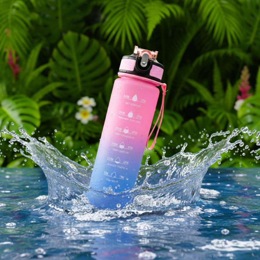 Motivational Water Bottle 1 Litre | Sipper Bottle for Gym, Travel & Daily Use | Leakproof 1 Liter Water Bottle | Gym Bottle for Men and Women with Time Marker; Pink-Blue