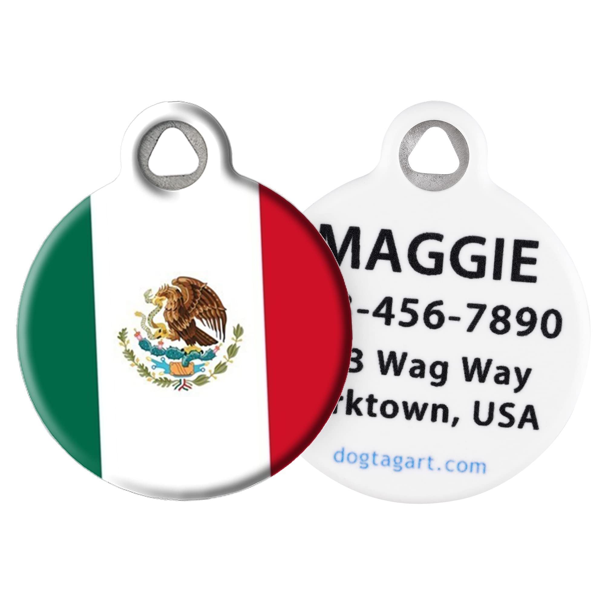 Dog Tag Art Mexican Flag Personalized Latin American Pet ID Tag for Dogs and Cats, Silent Dog Tag with Custom Identification Information Mexico Flag - Small .875