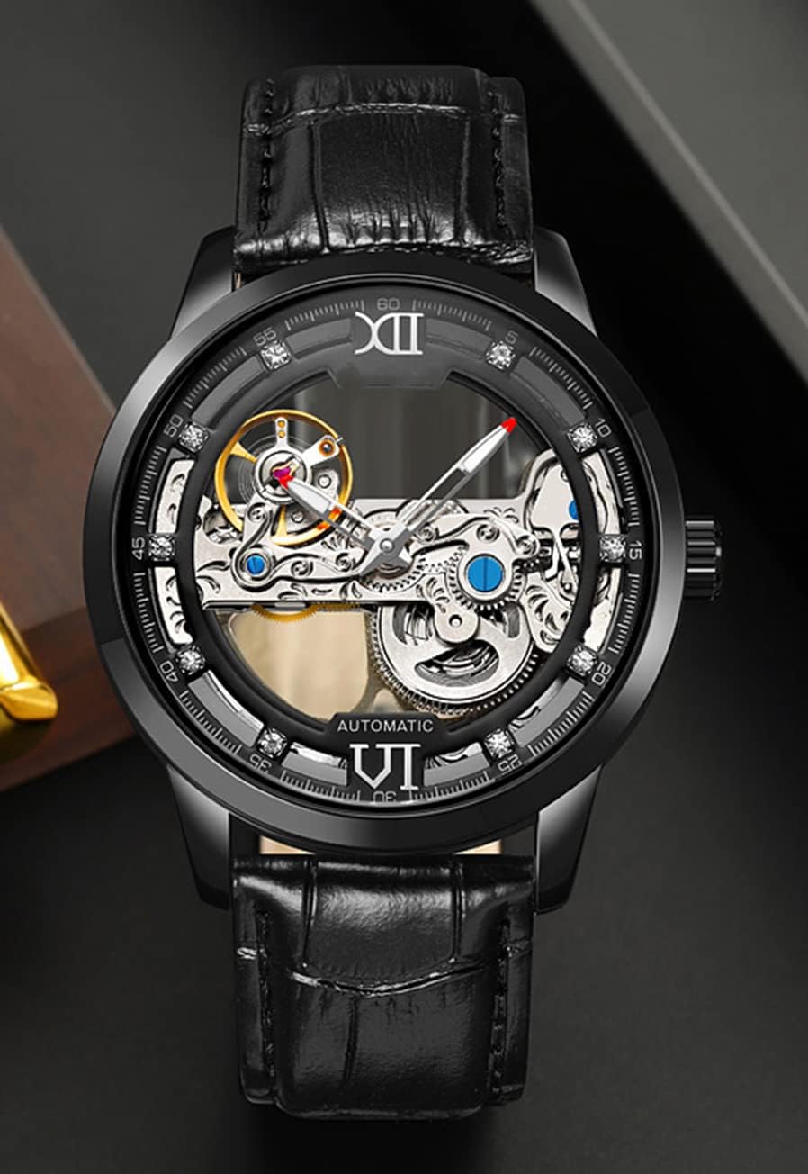 MASTOP Luxury Automatic Mechanical Men's Leather Belt Fashion Business Bronze Steel Waterproof Skeleton Watches