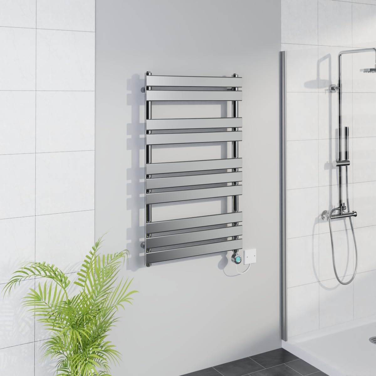 Warmehaus Chrome Smart Wifi Thermostatic Electric Bathroom Flat Panel Heated Towel Rail Warmer Radiator With Timer 1000X600mm