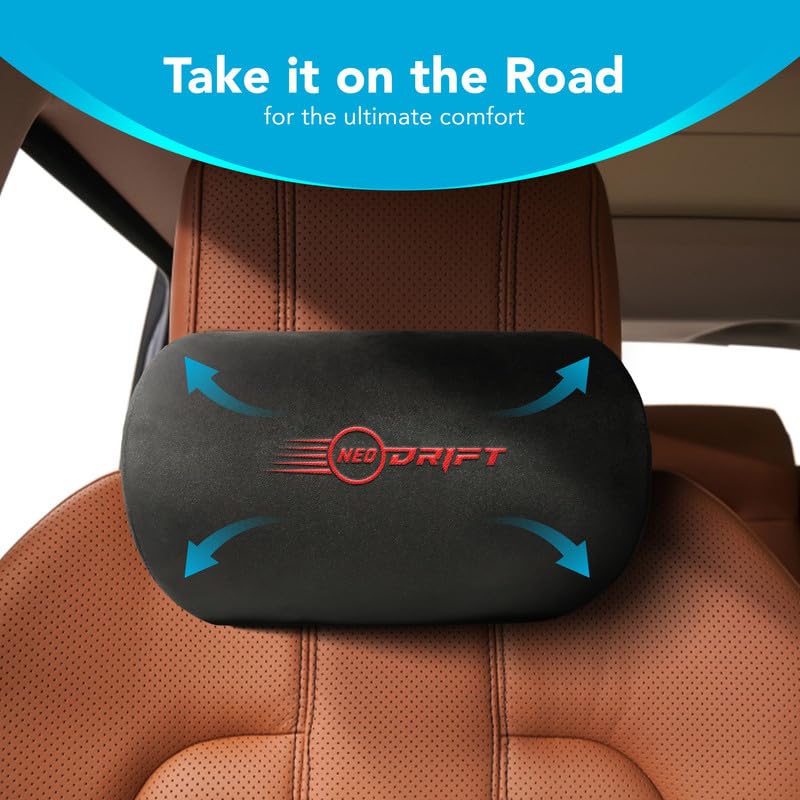 Image of Neodrift 'CurveNeck' - Neck Rest Cushion Orthopedic Velvet Memory Foam Pillow for Neck, Head, Shoulder Support - Pain Relief for Car, Set of 2 (Colour-Black+Red)