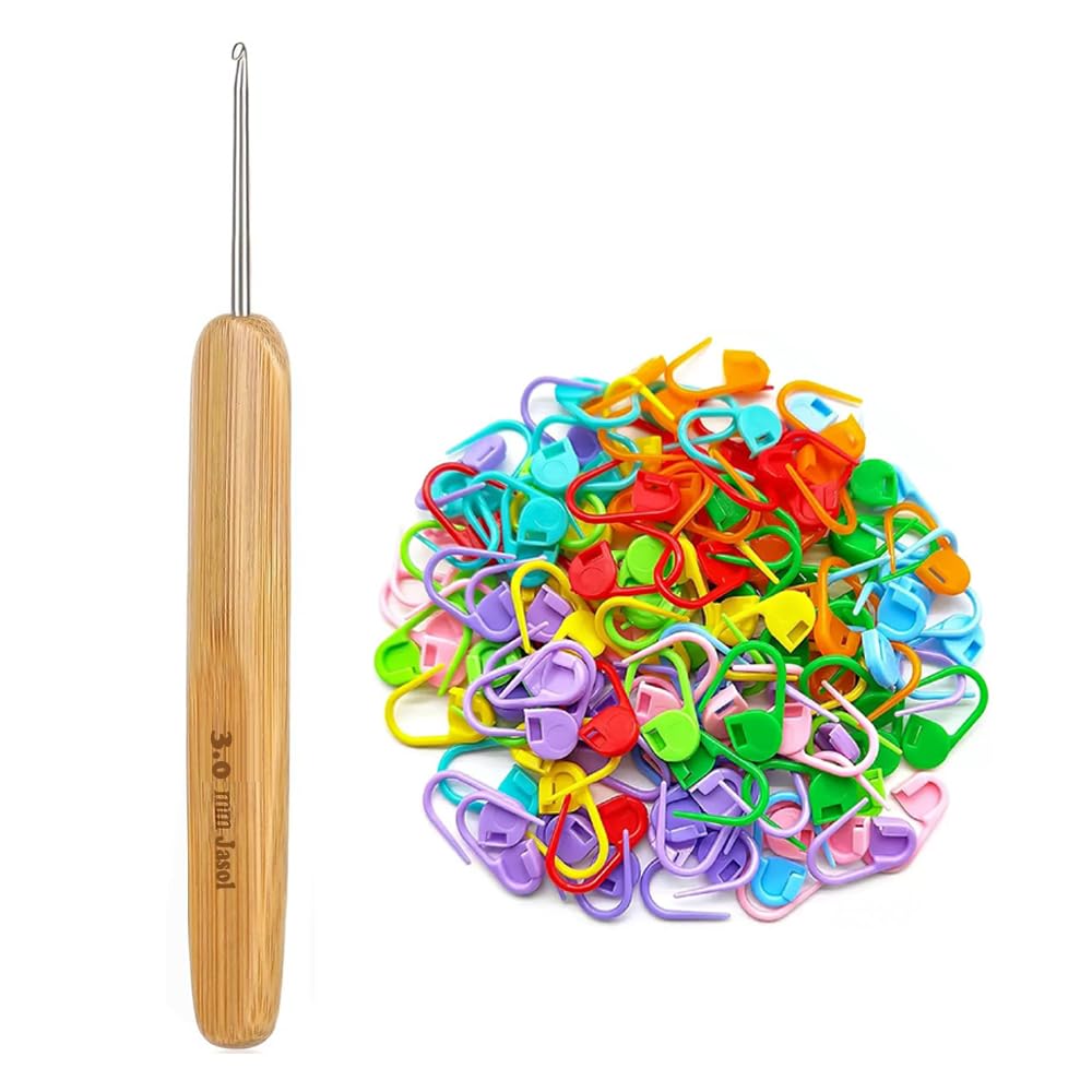Crochet Hook Ergonomic Crochet Needles Bamboo Wooden Handle with Stitch Markers 25 Sewing Tools for Fine Work, Thin Yarn and Lace Knitting (3.0mm)-picture-12