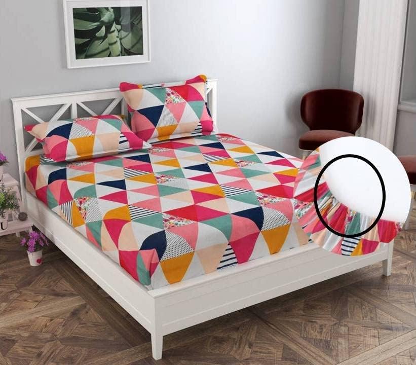 Image of Glace Cotton Elastic Printed Bedsheet | All Around Elastic King /Double Bed Bedsheet | Bedsheet with 2 Pillow Cover (72 inch x78 Upto 6 Inches, Pink Geomatric)