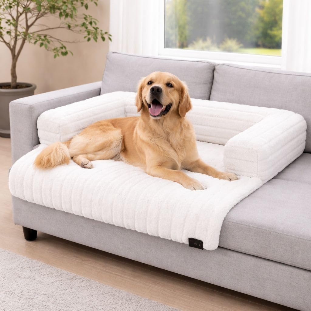 Soodie&Zuzu's Sofa Pet Bed Cord, Waterproof Dog Bed with Raised Sides, Non-Slip Base, Soft Ribbed Plush Pet Cushion for Dogs & Cats - White, 90 x 90 x 15 cm