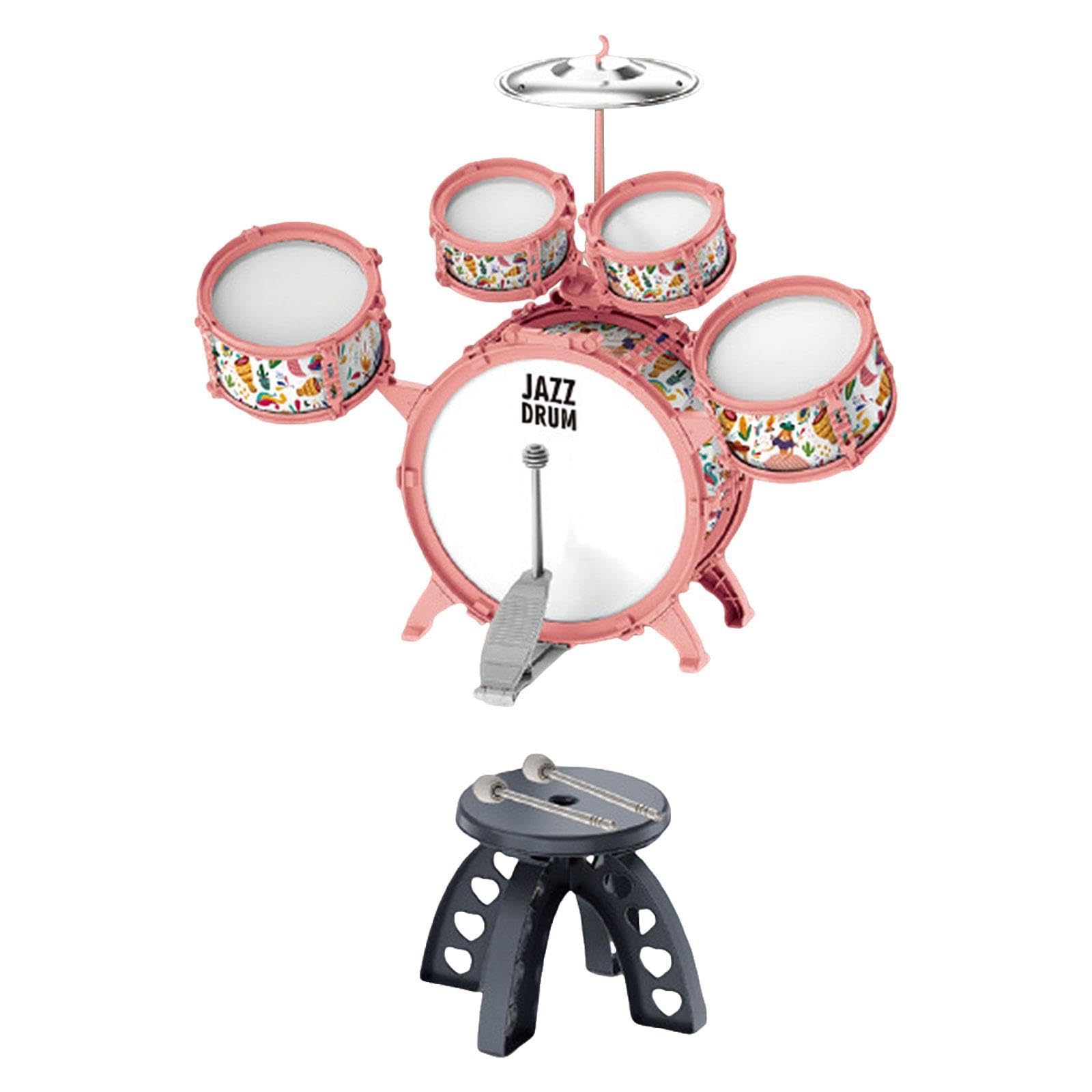 Batería Infantil Kit de Tambor para Niños Instrumento Musical Percusión Educativo PVC con Silla Estimula Adecuado para Fiestas Reuniones de, Rosa