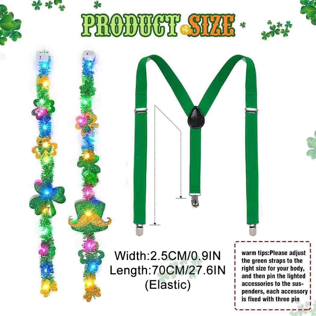 Light Up St Patrick's Day Suspenders Shamrock Clover Suspenders LED Irish Accessories for Men and Women