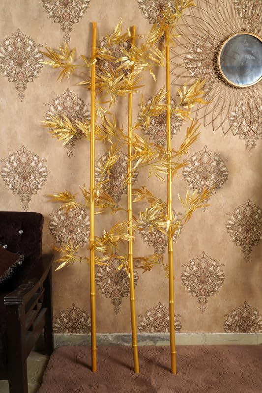 Image of Artificial Bamboo Tree for Home Decoration I Artificial Plant Bamboo Sticks and Polyster Leaves Without Pot (5 Pieces; 1 Piece is 6.5 FEET Height; Golden)