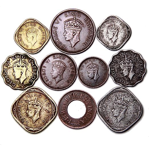Arunrajsofia King George VI Coins All Collection - 10 Coins - Quarter Anna,Two Anna, One Anna, Half Anna, 1/2 Pice, 1/12 Anna (Brass, Copper, Copper Nickel) Multi Color