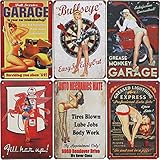 Juvale 6-Piece Tin Signs - Vintage Style Metal Signs As Wall Decor, Decorative Retro Coffee Bar Sign, Pin-up Girls, Sexy Car Garage Ladies, 11.8 x 8 Inches