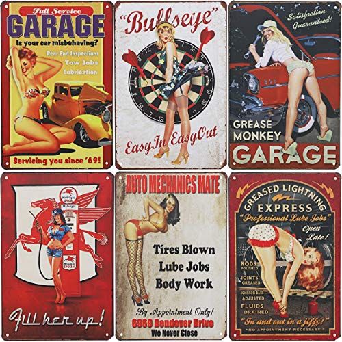 Juvale 6-Piece Tin Signs - Vintage Style Metal Signs As Wall Decor, Decorative Retro Coffee Bar Sign, Pin-up Girls, Sexy Car Garage Ladies, 11.8 x 8 Inches