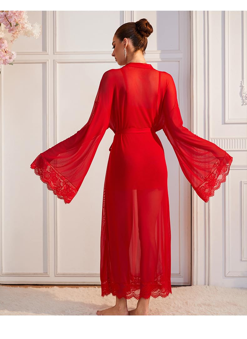 Chemise De Nuit Léger Ensemble 2 Pièces pour Femme : Nuisette en Dentelle Et Robe De Chambre Longue en Tulle Transparent