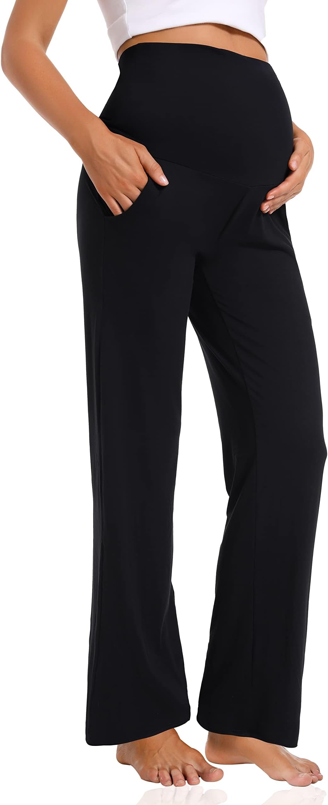 Foucome Women's Maternity Pants Casual Loose Wide Leg Work Pants Cozy Pregnancy Lounge Trousers with Pockets