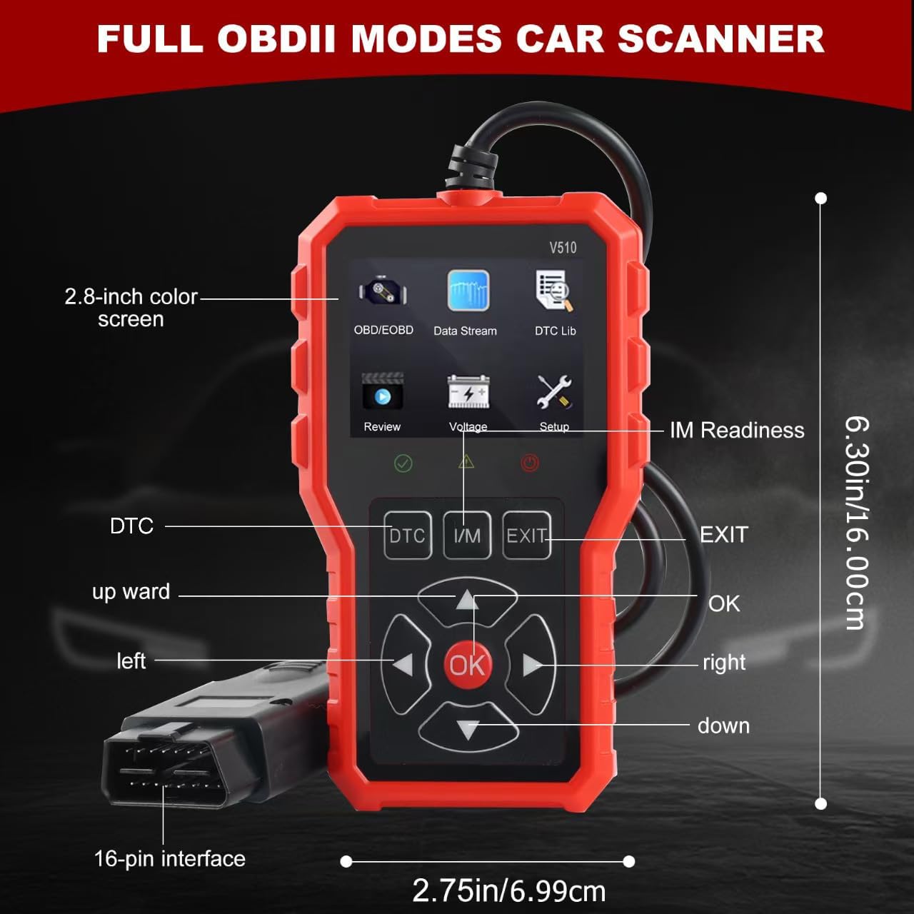 ZhenBaoTian V519 OBD2 Scanner with dimensions