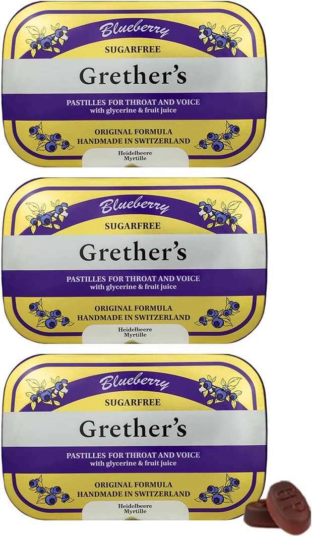 Sugarfree Blueberry Pastilles – Premium Swiss Throat Lozenges for Dry Mouth & Throat Comfort – Intense Fruit Flavor – Gluten & Lactose Free – Gift for Singers – 3.75 oz, 3 Pack