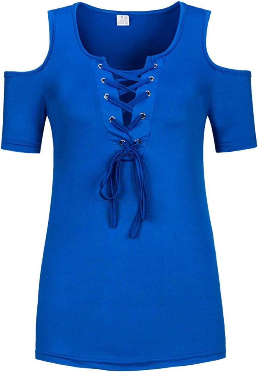 SEMATOMALA Women's Cold Shoulder Sexy Lace Up V Neck Short Sleeve Tee Shirts Tops Clubwear Plus Size - Image 2