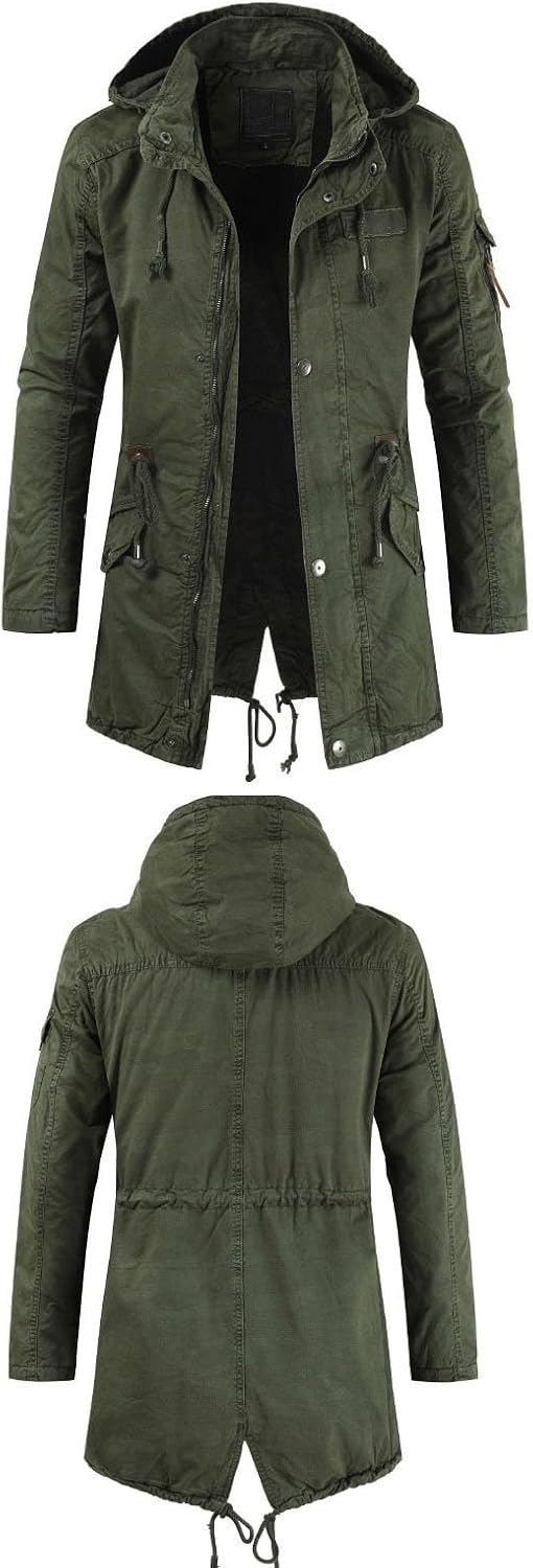 Men's Windproof Military Style Parka, Mid-Length Washed Cotton Hooded Jacket with Waist Drawstring and Multi-Pockets