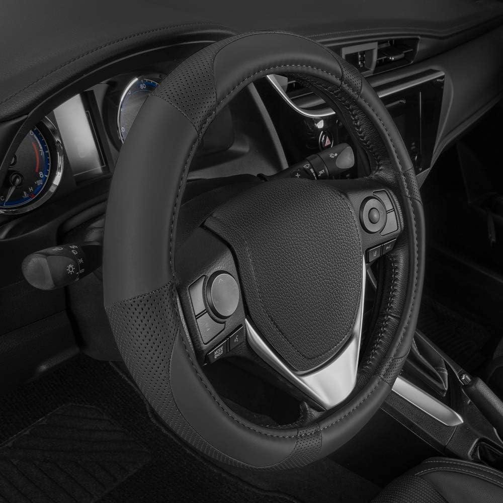 Motor Trend Perforated Microfiber Leather Steering Wheel Cover for Cars Trucks SUVs Vans, Sporty Racing Improved Grip Anti-Fatigue Ergonomic Design, Airbag Compatible - Fits Standard 15" Inch - Black
