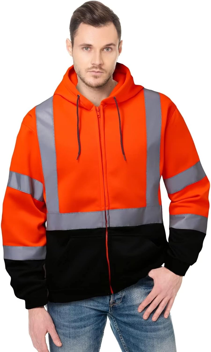 High visibility Hoodie for Men,Class3 Hi Vis Hoodie with Zipper,Reflective Hooded Hood,Construction work Safety Sweatshirt with Large front Pocket for Men/Women Black Bottom XL