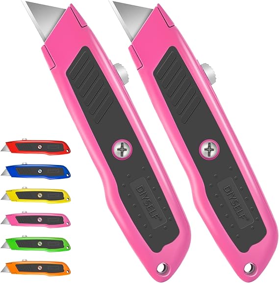 DIYSELF 2 Pack Box Cutter Retractable Heavy Duty Utility Knife, Ergonomic Razor Knife for Warehouse, Office, Exacto Knives Box Opener for Package, Cardboard (Pink)