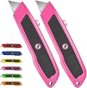 DIYSELF 2 Pack Box Cutter Retractable Heavy Duty Utility Knife, Ergonomic Razor Knife for Warehouse, Office, Exacto Knives Box Opener for Package, Cardboard (Pink)