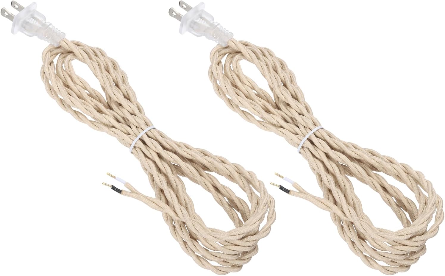uxcell 12Ft 18/2 Twisted Cloth Covered Lamp Cord, 2 Pcs Vintage Fabric Electrical Wire with Plug Stripped Ends Ready for Extension Wiring DIY Repairing, Beige