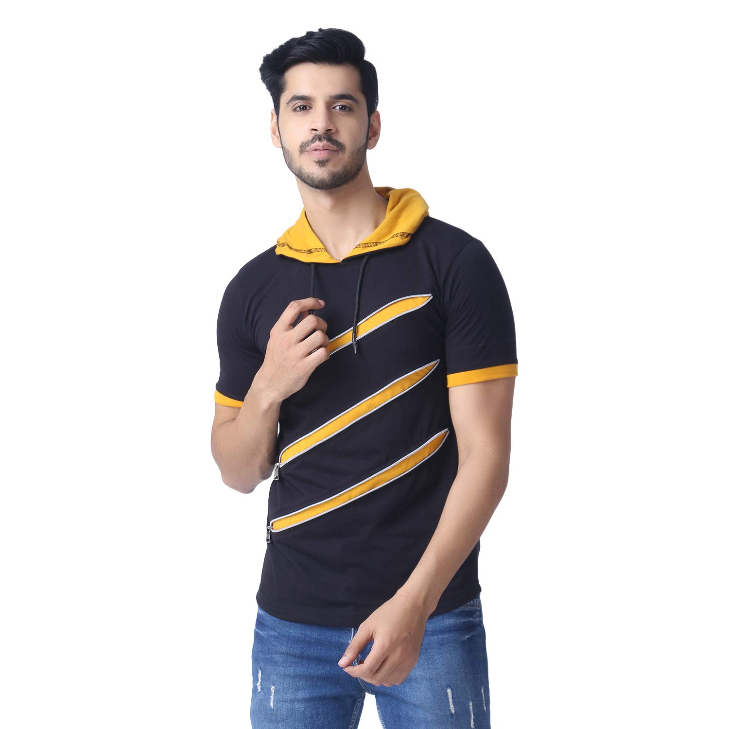 black collection Self Design, Solid Men Hooded Neck Zipper T-Shirt-picture-19