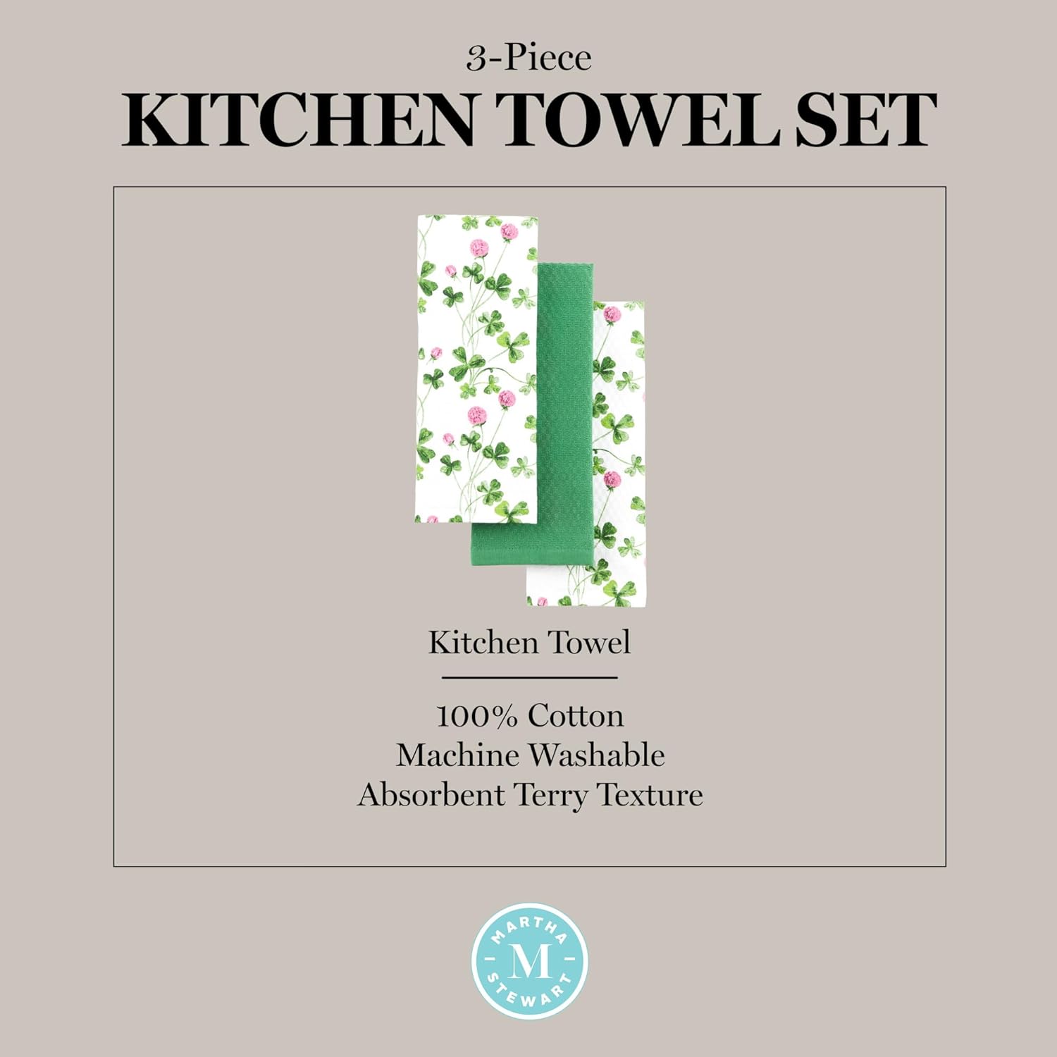 Martha Stewart Clover Meadow Kitchen Towel Set 3-Pack, Absorbent 100% Cotton, St. Patrick's Day, White/Green, 13"x17.5" - Image 5