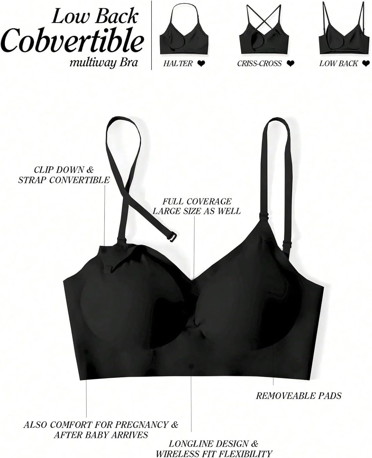 OYOANGLE Women's Low Back Bras with Padded Removeable Wirefree Seamless Bra Backless Multiway Straps Convertible Bra - Image 4