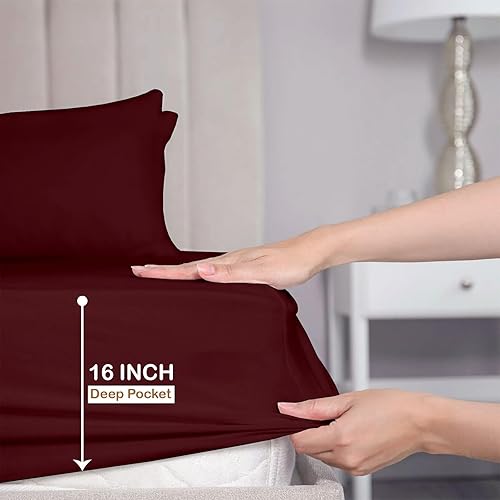 Miniatura 6 de ARlinen Juego de sábanas divididas tamaño Queen para camas ajustables, juego de ropa de cama de 5 piezas, 100% algodón, color borgoña, bolsillo