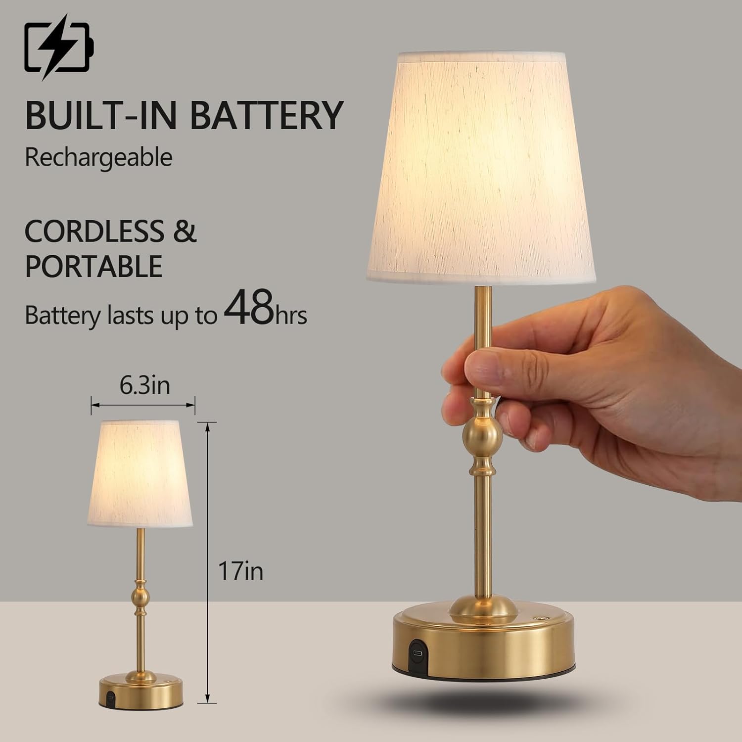 Cordless Rechargeable LED Table Lamp with Dimmer,Nightstand Lamp with USB Port,Antique Brass Portables Outdoor Lamp, Battery Operated Lamp for Patio Bedroom Bedside Balcony Camping Bar RV