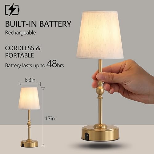 Miniatura 6 de Lámpara de mesa LED recargable inalámbrica con atenuador, lámpara de mesita de noche con puerto USB, lámpara portátil de latón antiguo, lámpara de