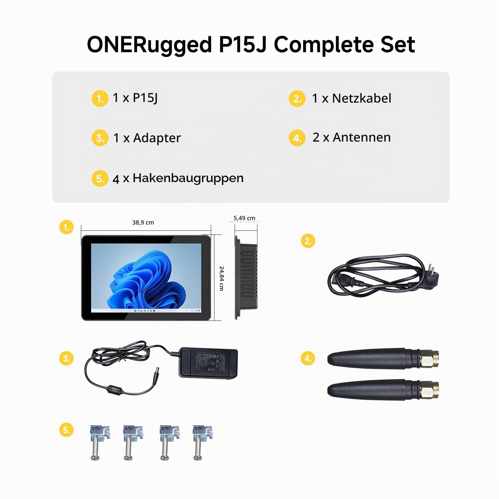 15,6 Zoll Industrie Panel PC mit Touchscreen - Windows 11 Pro, Intel N5100, 8GB RAM, 128GB Speicher, Lüfterlos, IP65-Front, WLAN/Bluetooth (Modell P15J, Schwarz)